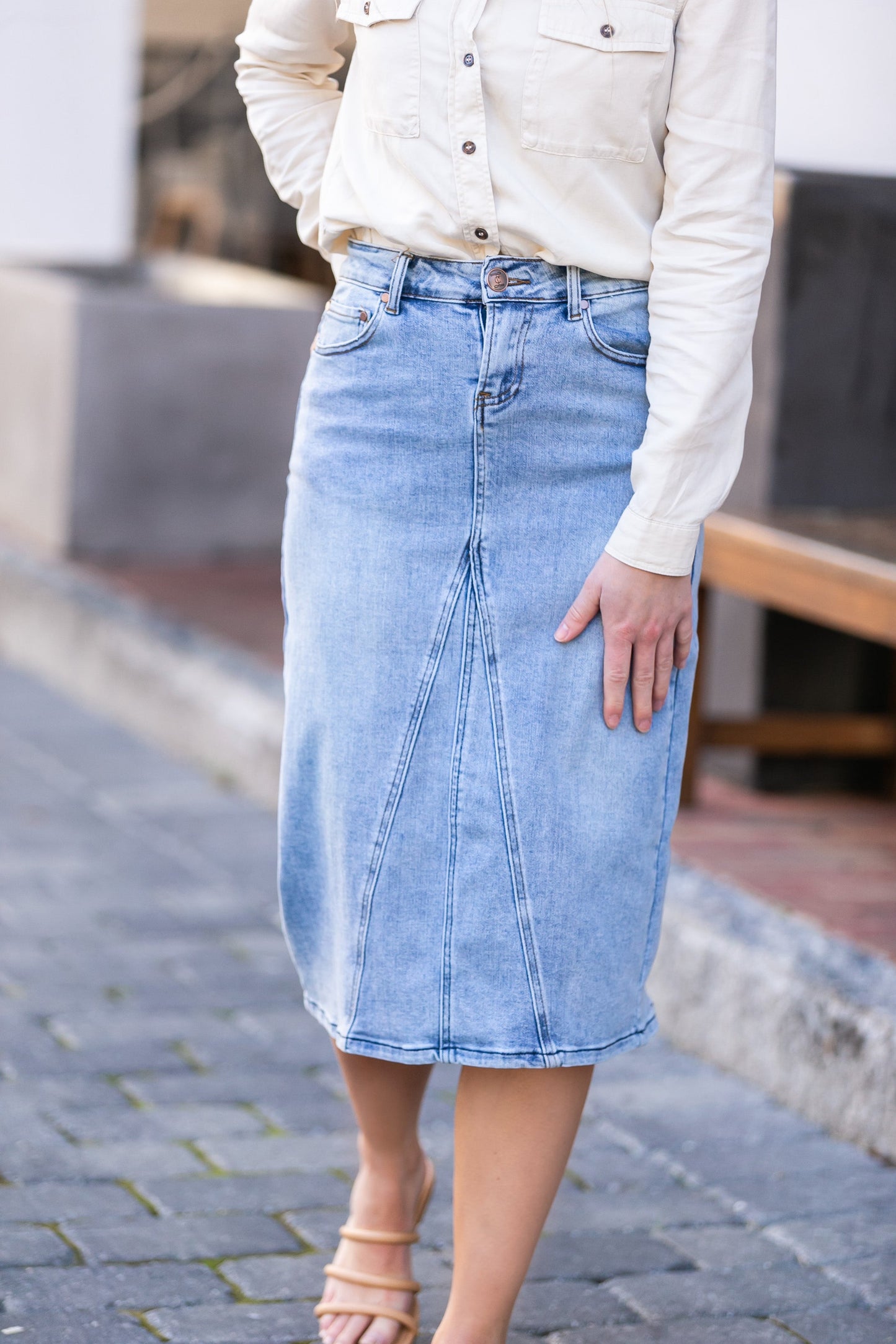 Claire A-line Light Wash Denim Midi Skirt - FINAL SALE IC Skirts