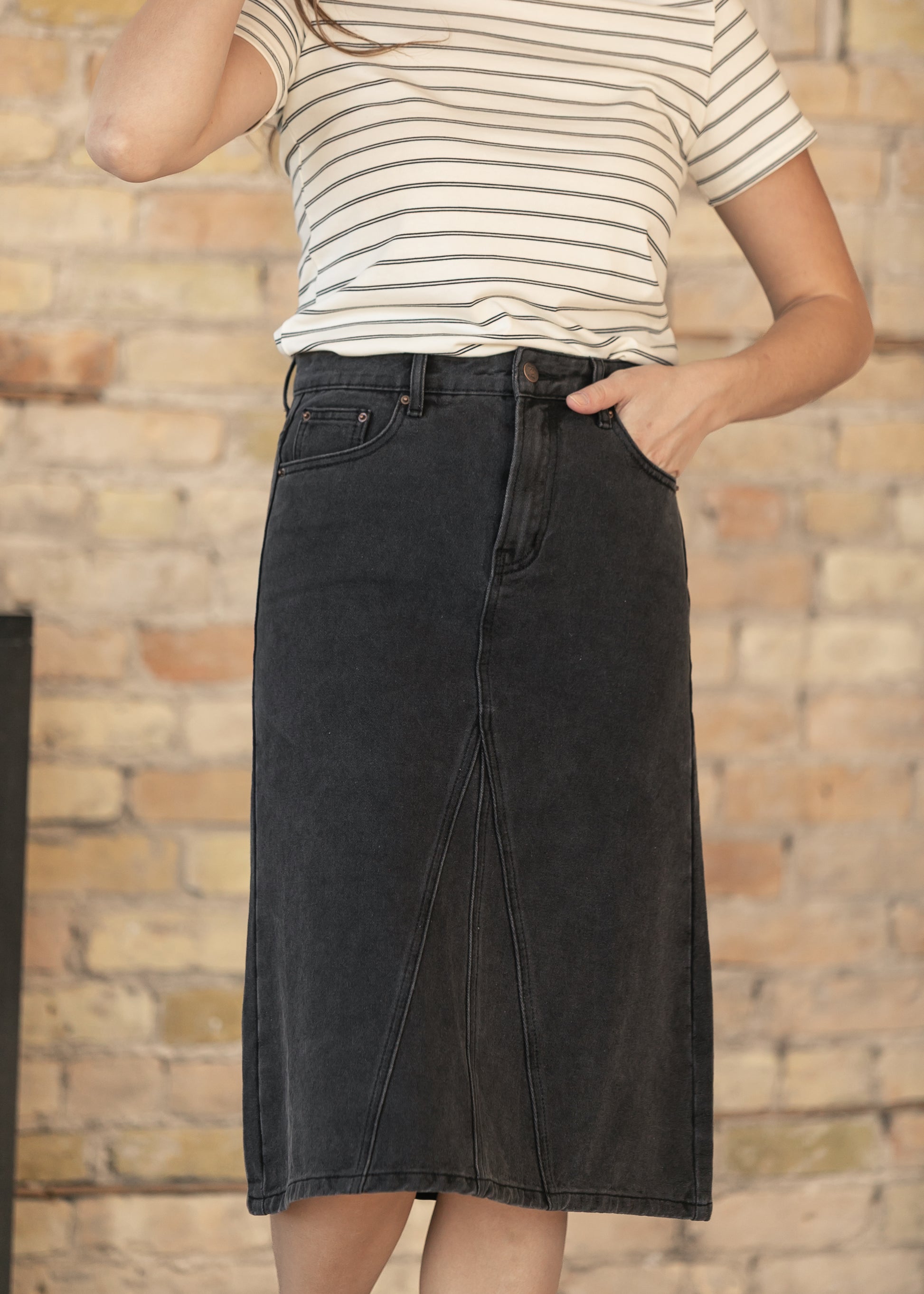 Claire Black Wash Midi Denim Skirt IC Skirts