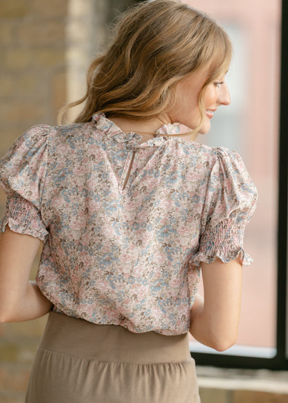 Clara Floral Ruffle Mockneck Short Sleeve Top IC Tops