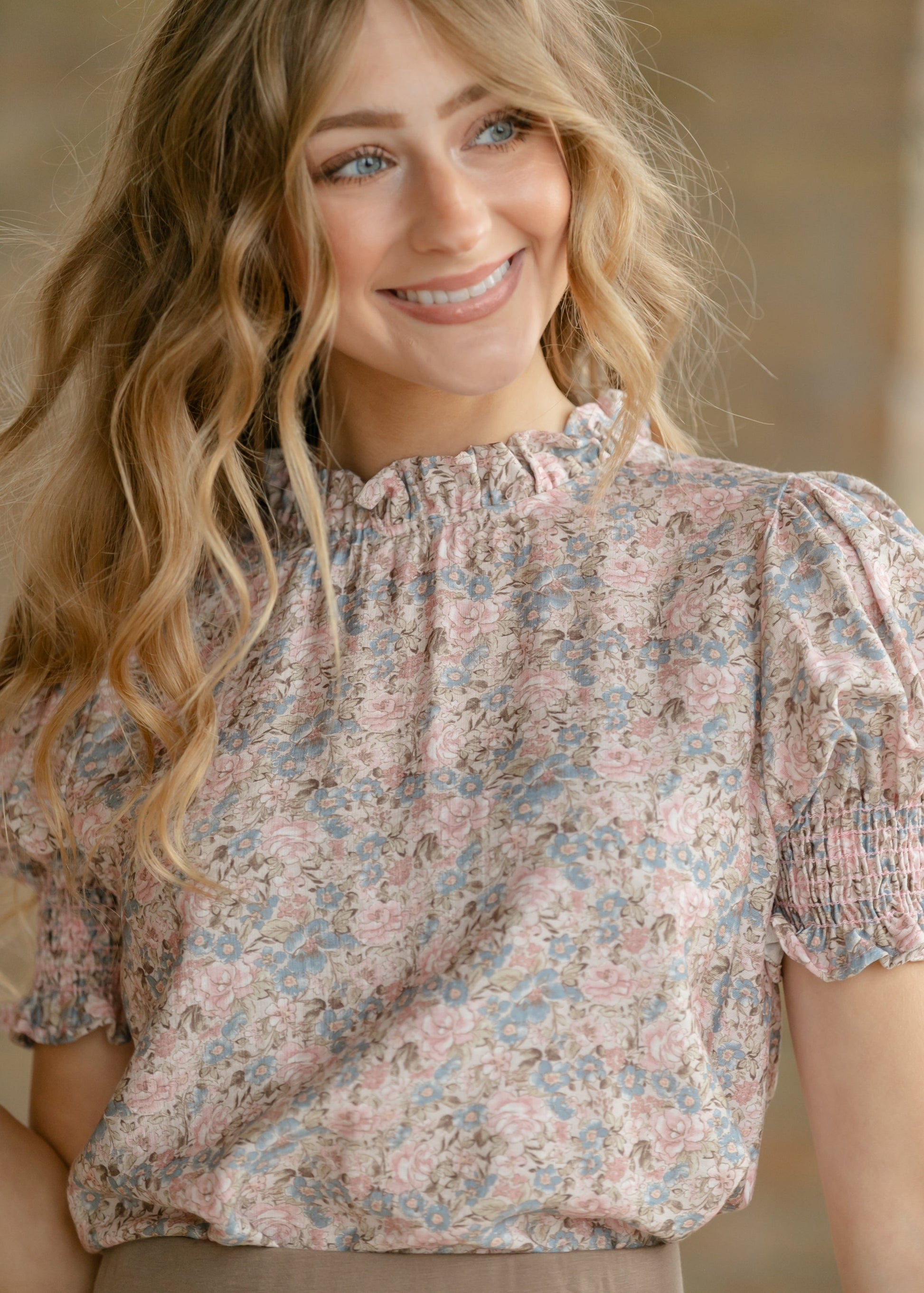 Clara Floral Ruffle Mockneck Short Sleeve Top IC Tops