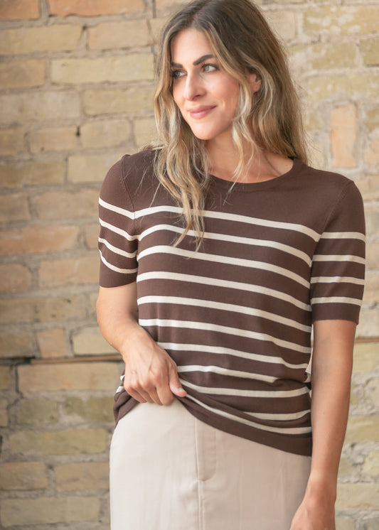 Classic Brown Striped Short Sleeve Top FF Tops
