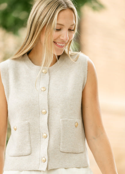 Classic Crewneck Button Up Sweater Vest FF Tops