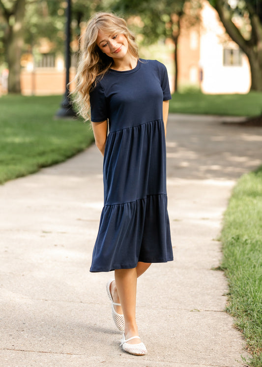 Clemintine Ribbed Midi Dress FF Dresses Navy / S