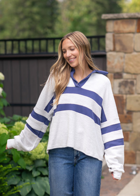 Collared Contrast Stripe Knit Top FF Tops