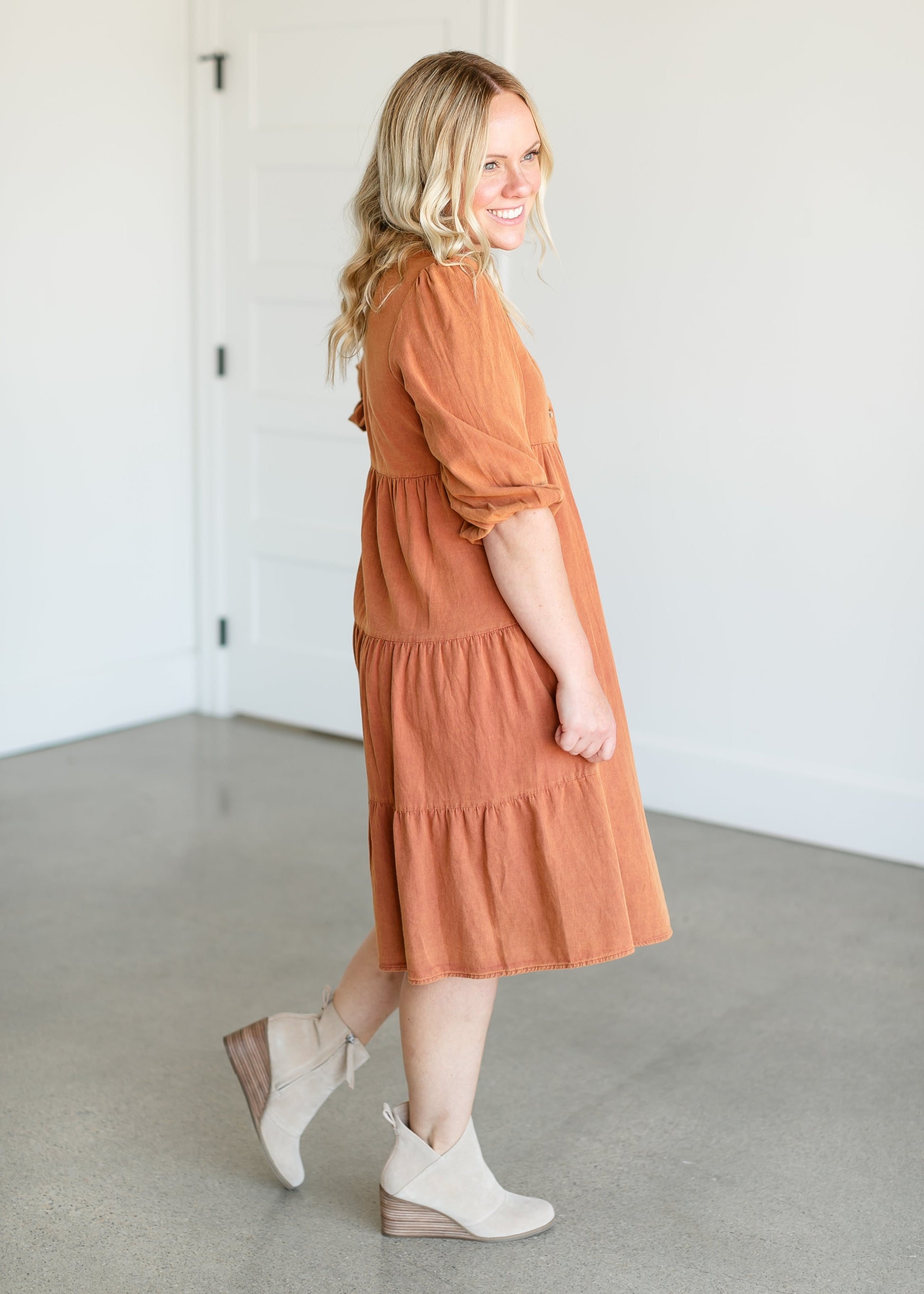 Linen Tiered Midi Shirt Dress