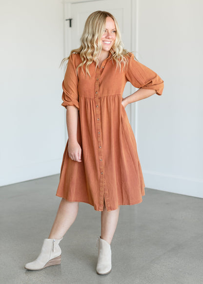 Collared Denim Midi Shirt Dress FF Dresses Rust / S