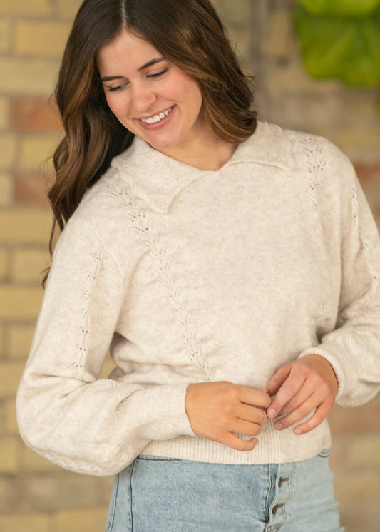 Collared Pointelle Knit Sweater FF Tops