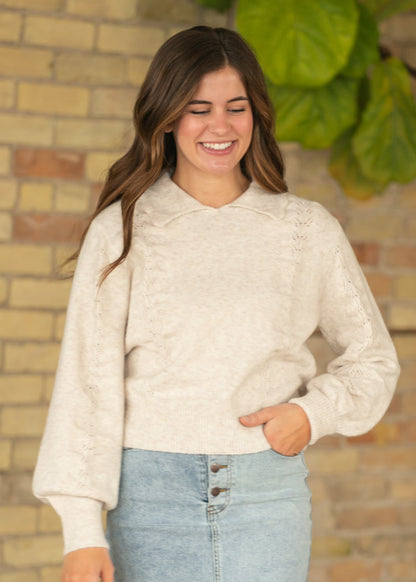 Collared Pointelle Knit Sweater FF Tops
