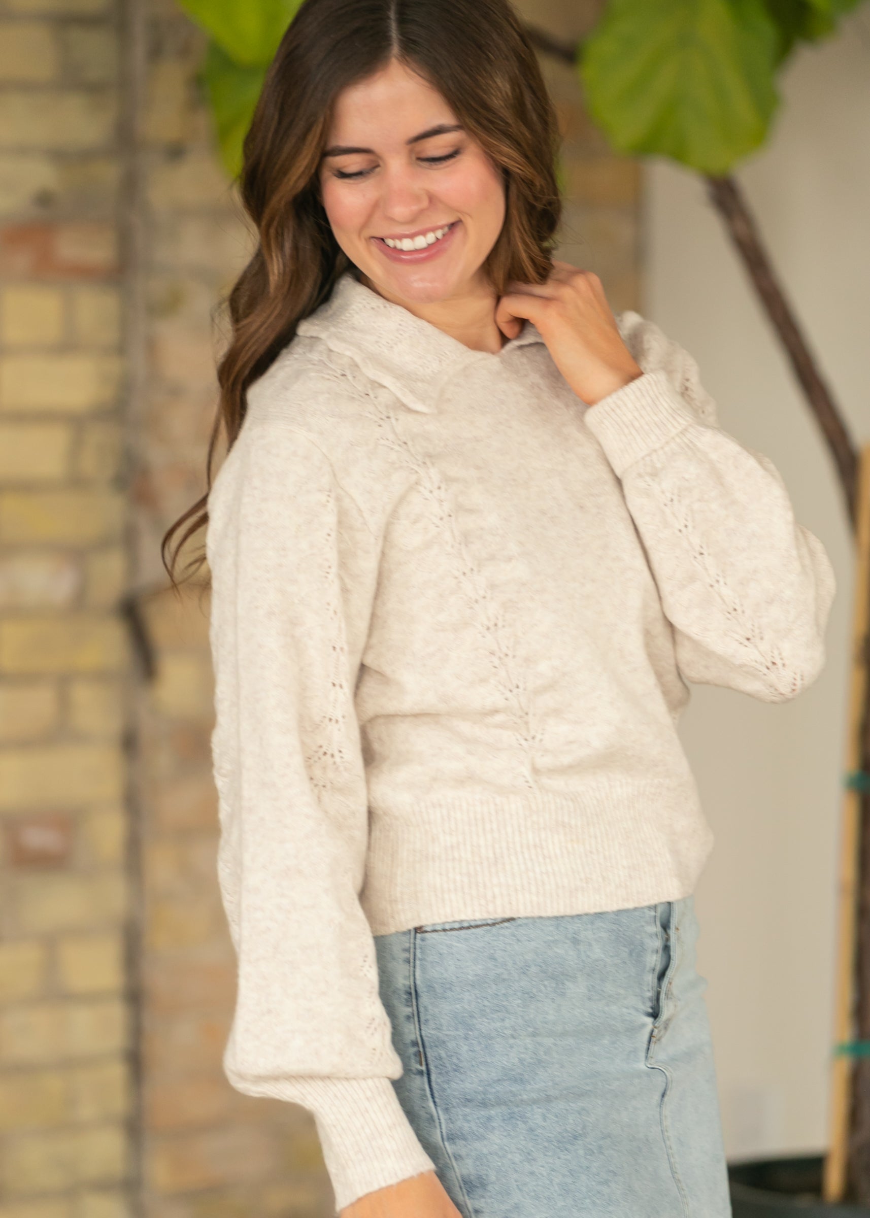 Collared Pointelle Knit Sweater FF Tops