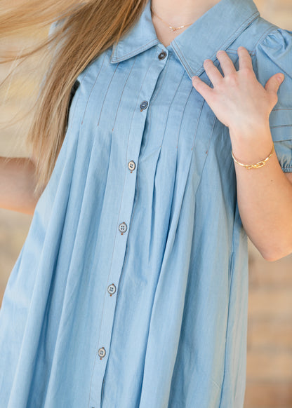 Collared Puff Sleeve Denim Midi Dress FF Dresses