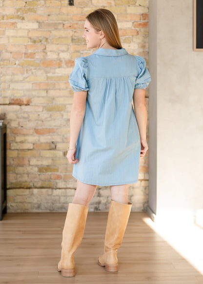 Collared Puff Sleeve Denim Midi Dress FF Dresses