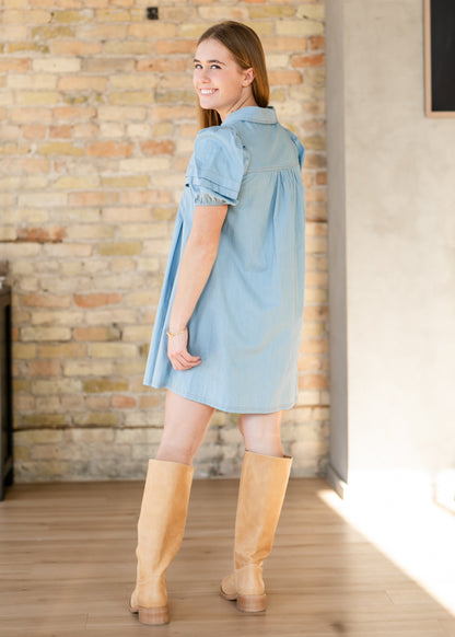 Collared Puff Sleeve Denim Midi Dress FF Dresses