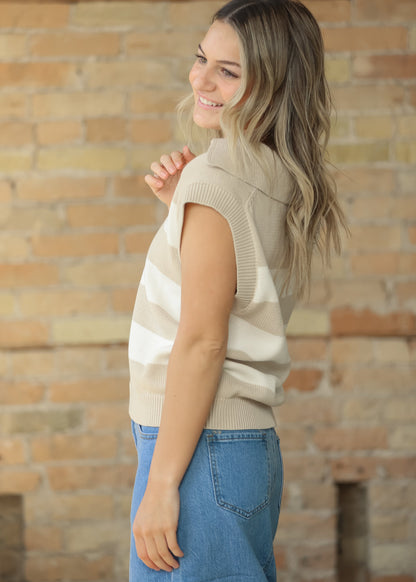 Collared Wide Stripe Knit Vest FF Tops