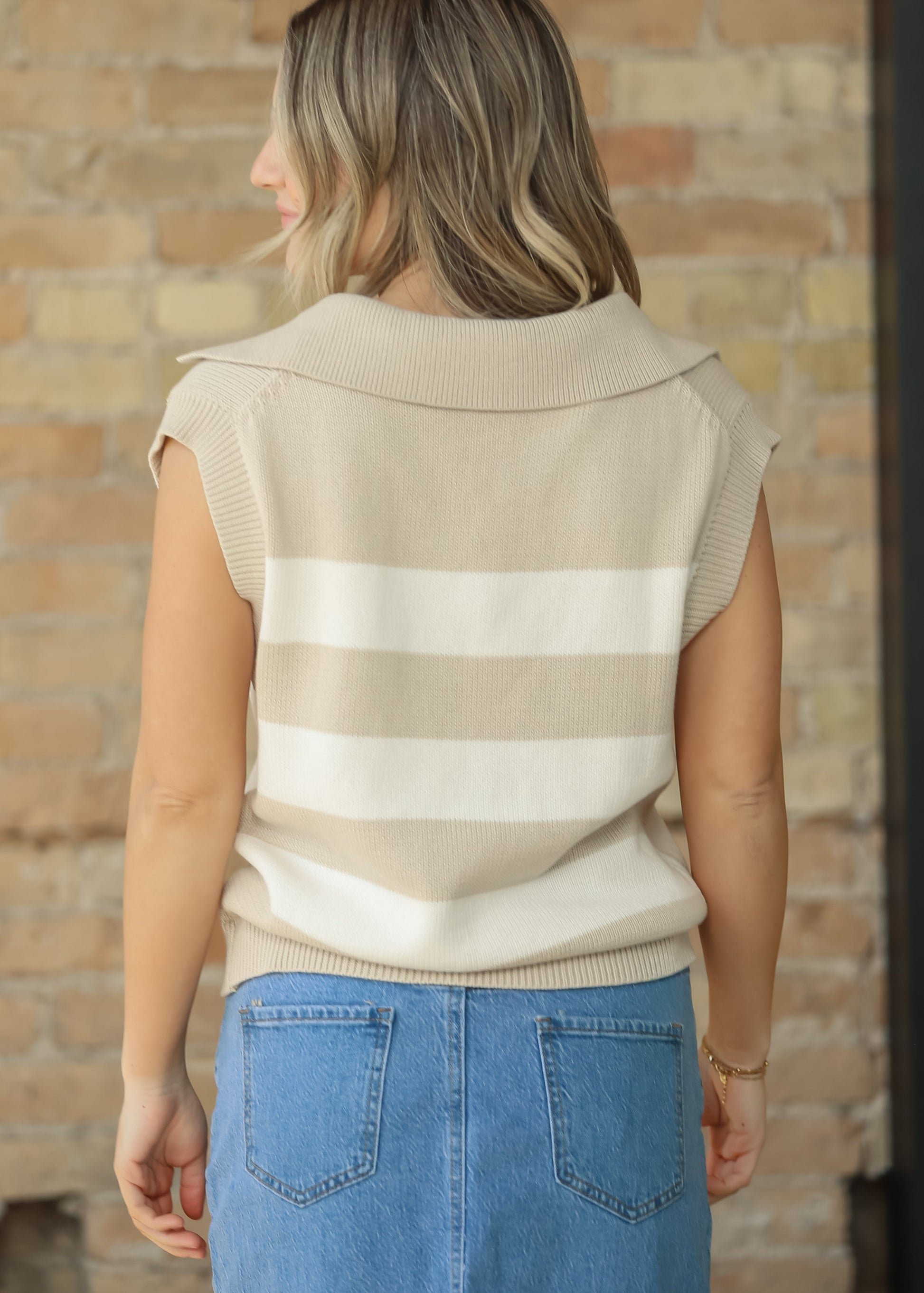 Collared Wide Stripe Knit Vest FF Tops