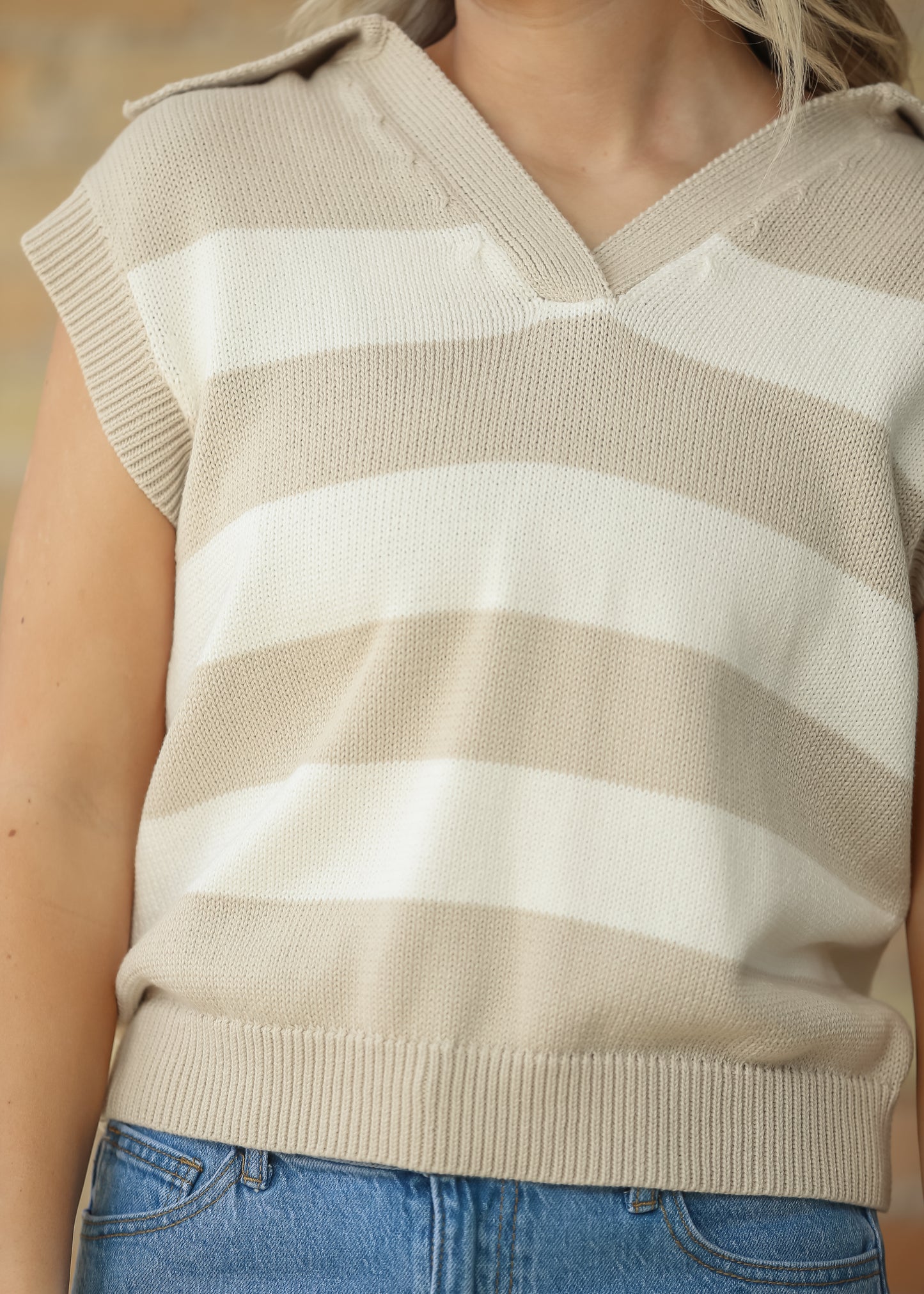 Collared Wide Stripe Knit Vest FF Tops