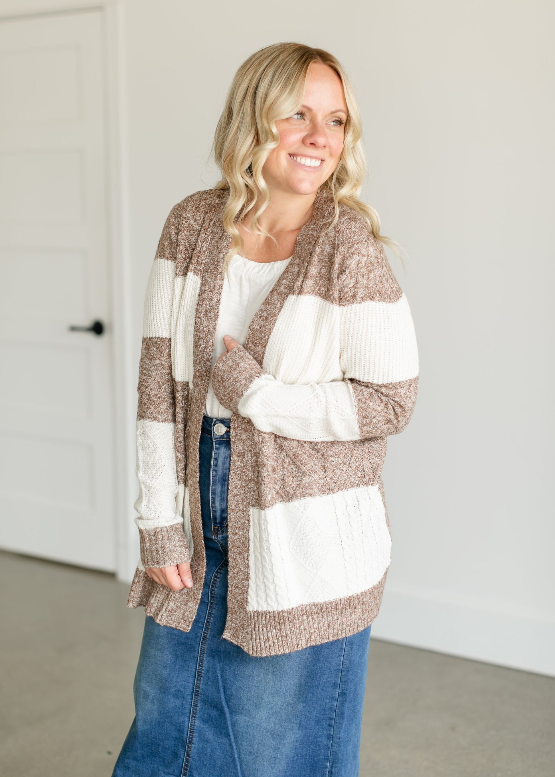 Colorblock Cable Knit Cardigan FF Tops
