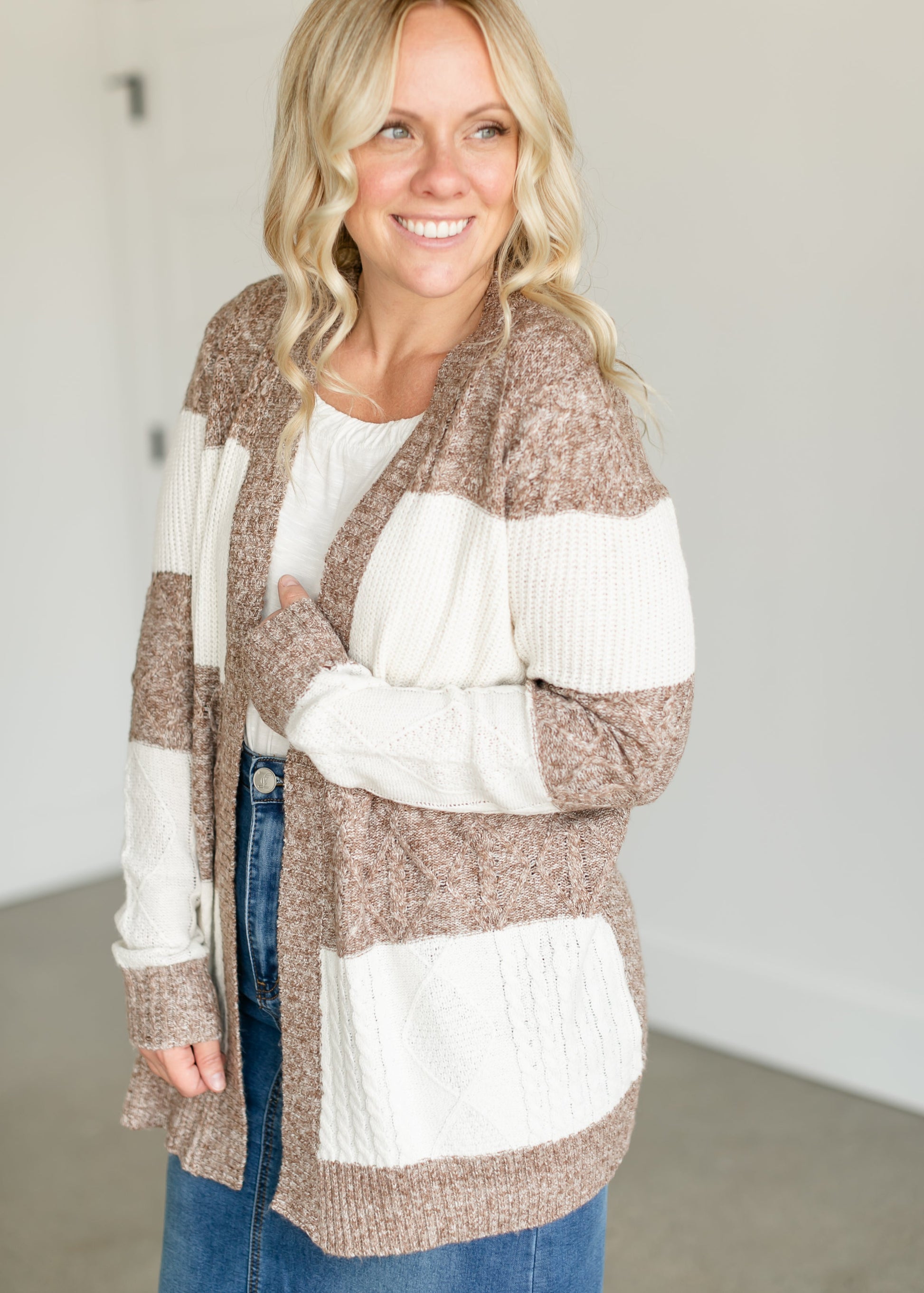 Colorblock Cable Knit Cardigan FF Tops