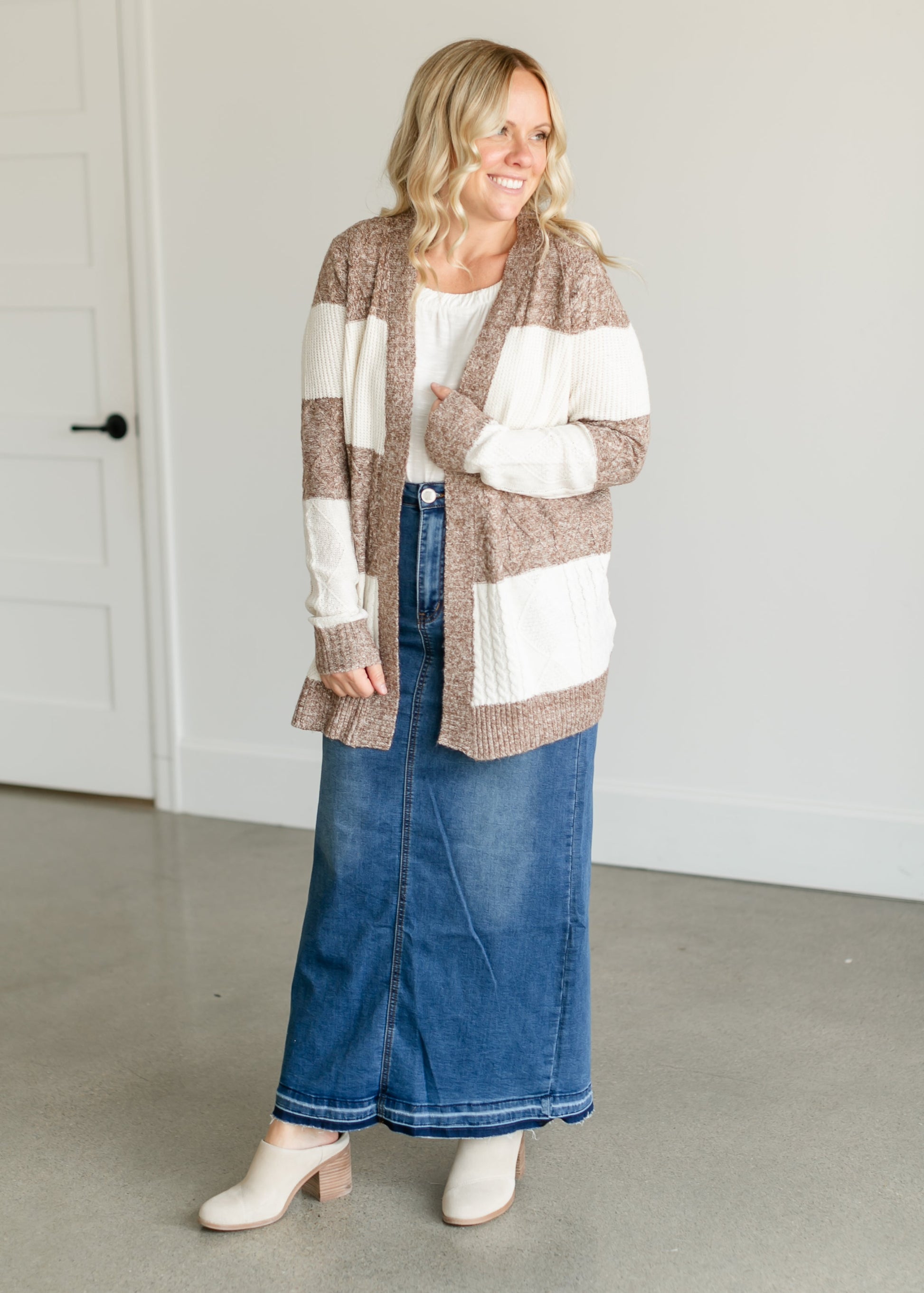 Colorblock Cable Knit Cardigan FF Tops