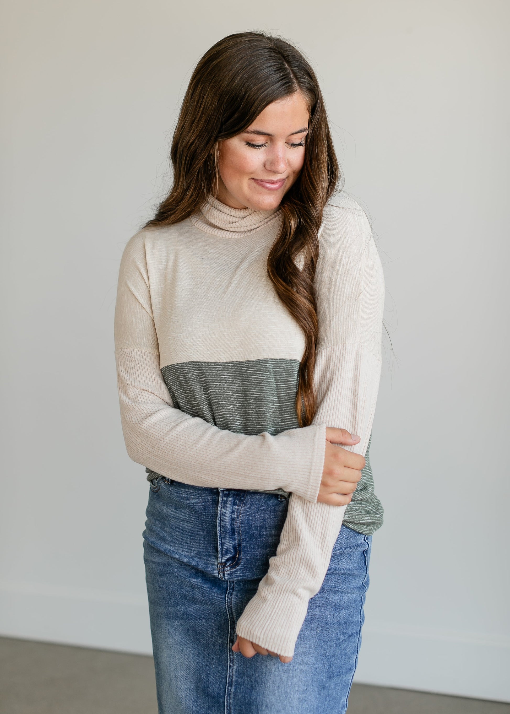 Colorblock Knit Turtleneck Top FF Tops