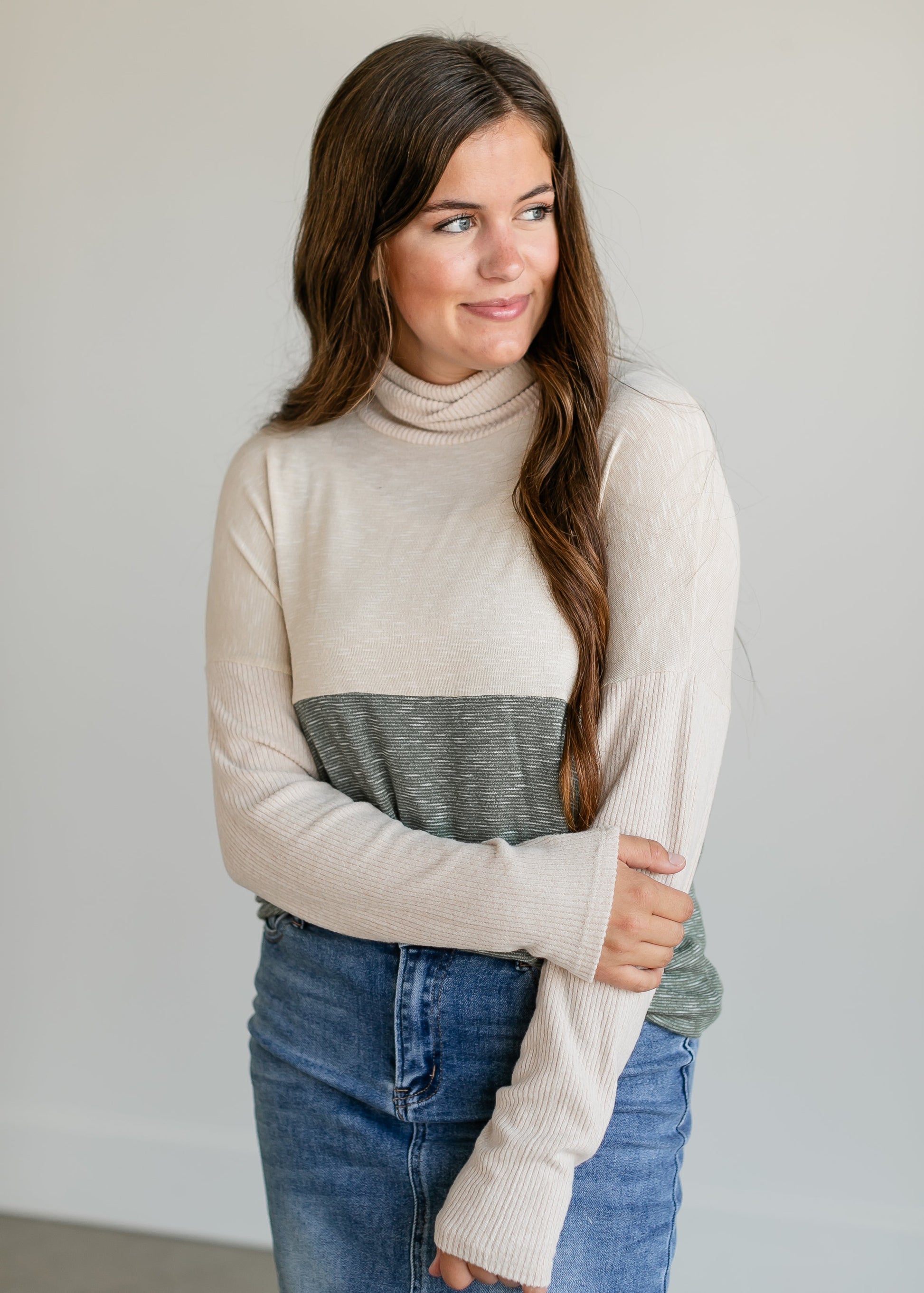 Colorblock Knit Turtleneck Top FF Tops