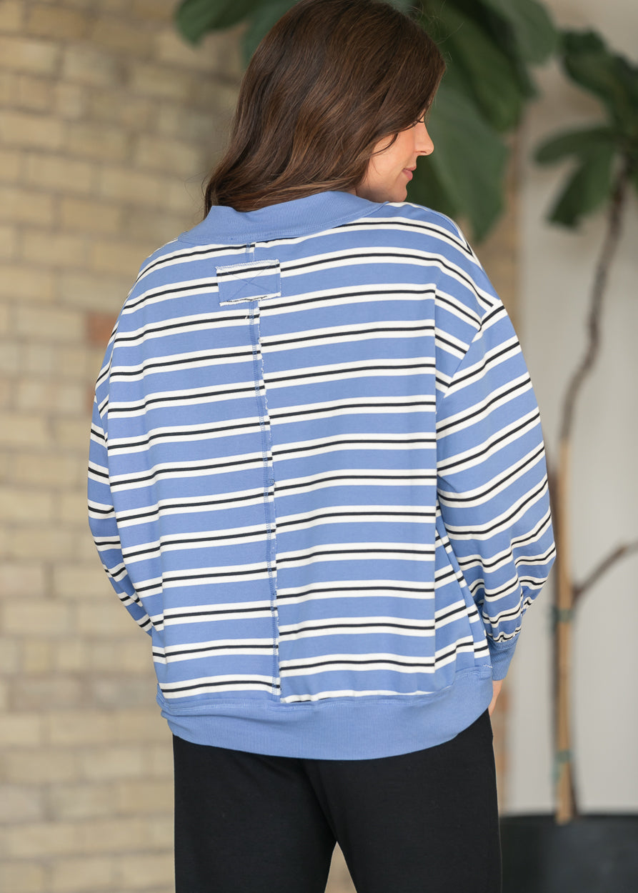 Contrast Stripe Wide Neck Long Sleeve Top FF Tops