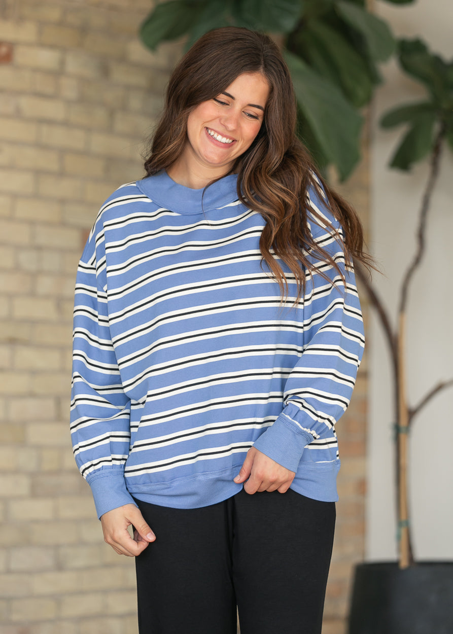 Contrast Stripe Wide Neck Long Sleeve Top FF Tops