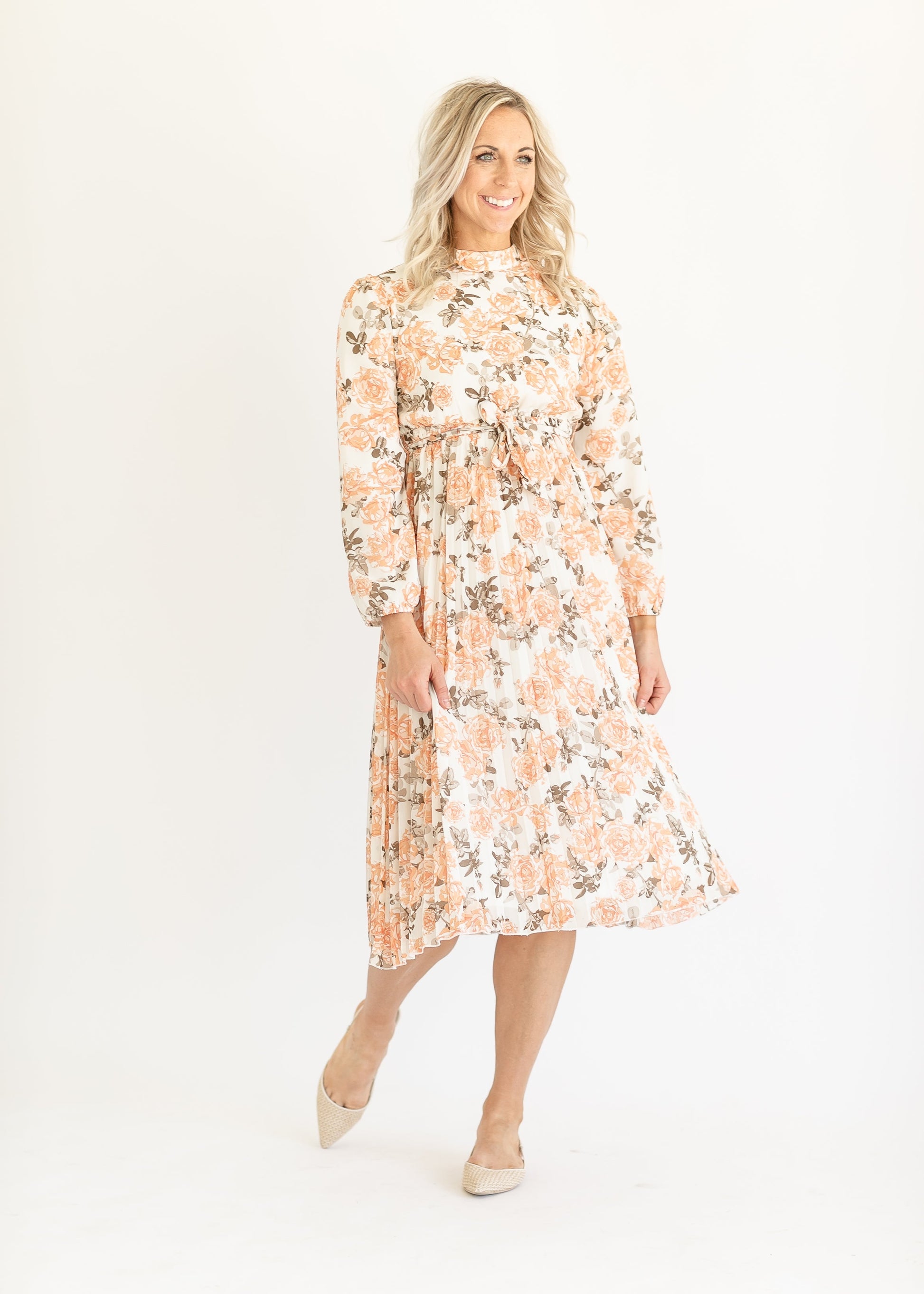 Coral Rose Mockneck Pleated Midi Dress FF Dresses