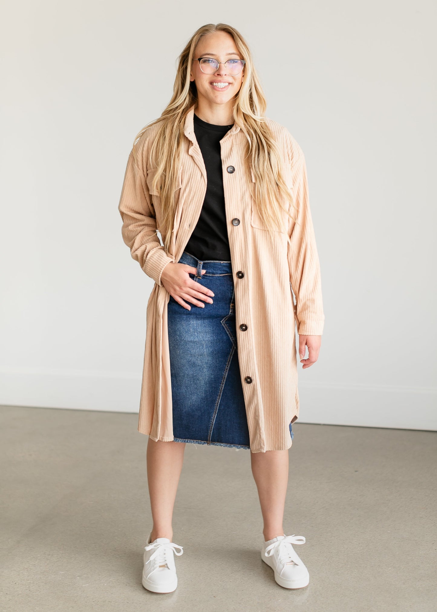 Corduroy Duster Long Shacket FF Tops