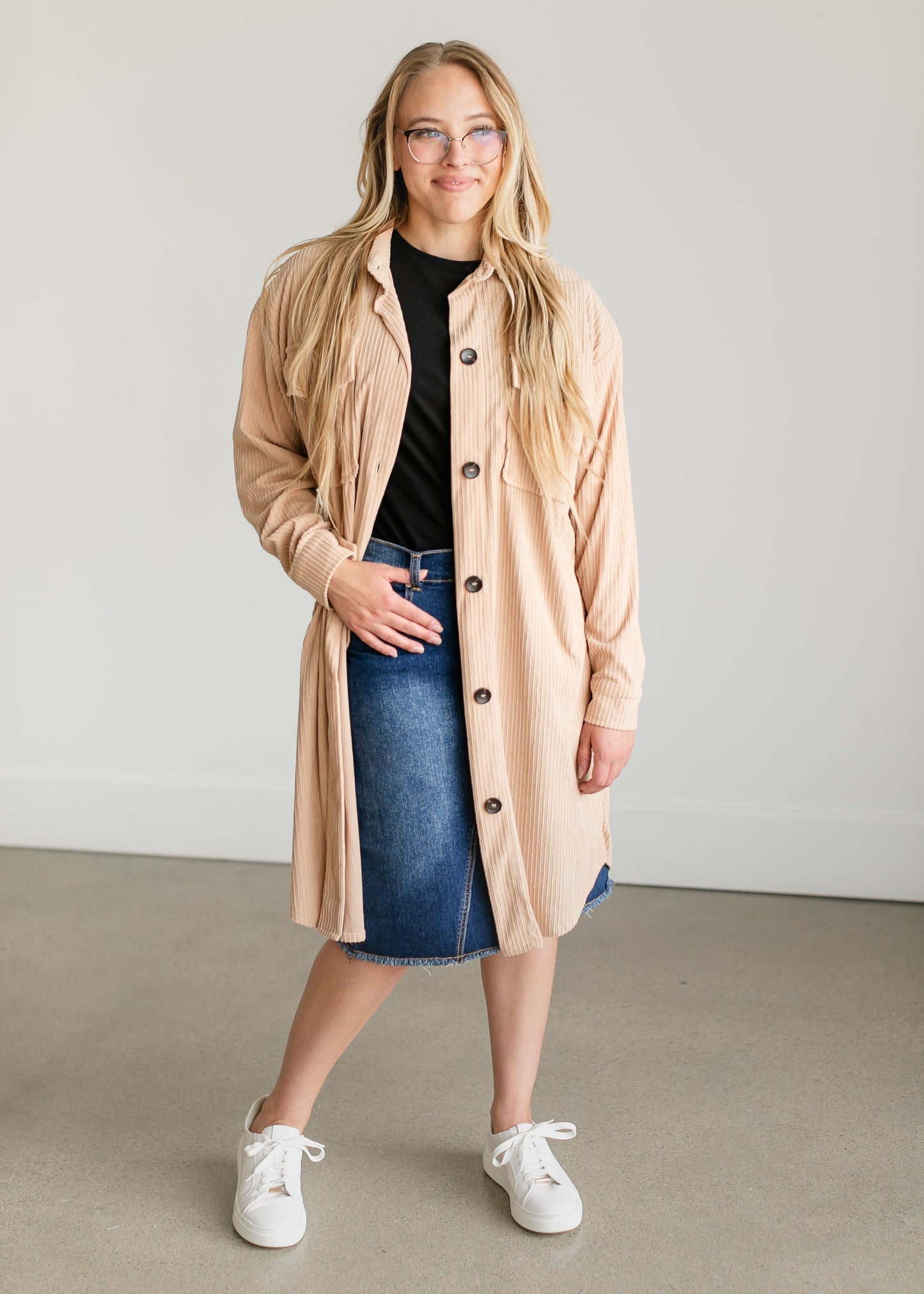 Corduroy Duster Long Shacket FF Tops