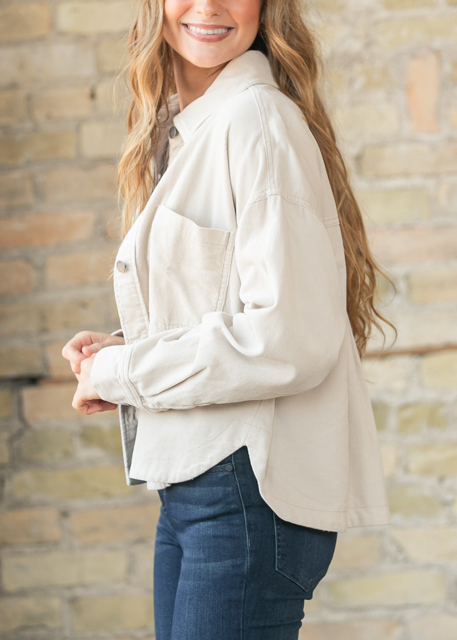 Corduroy Rounded Hem Cropped Shacket FF Layering Essentials