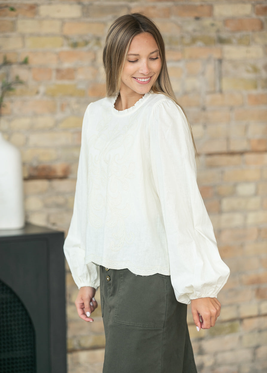 Cotton Mock Ruffle Neck Embroidered Top FF Tops