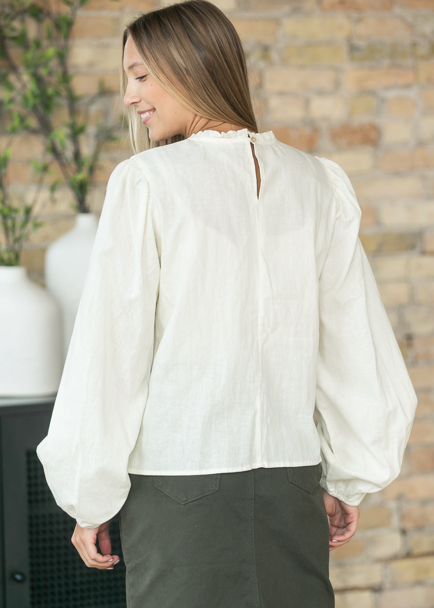 Cotton Mock Ruffle Neck Embroidered Top FF Tops