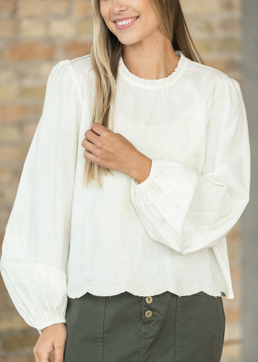 Cotton Mock Ruffle Neck Embroidered Top FF Tops