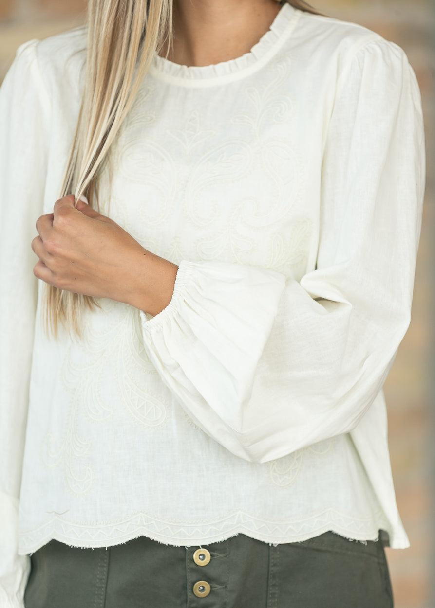 Cotton Mock Ruffle Neck Embroidered Top FF Tops