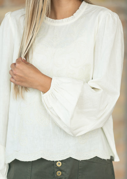 Cotton Mock Ruffle Neck Embroidered Top FF Tops