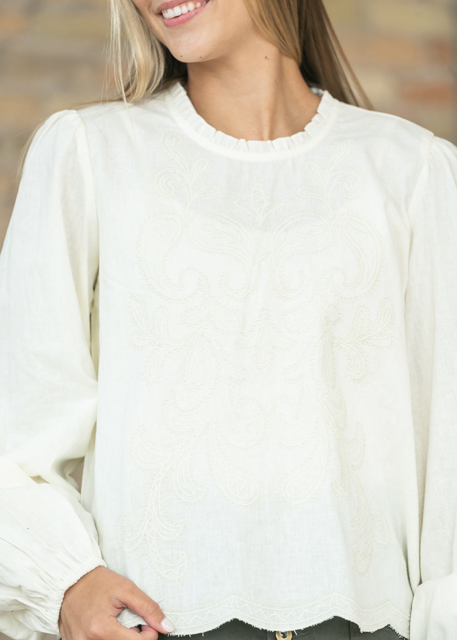 Cotton Mock Ruffle Neck Embroidered Top FF Tops