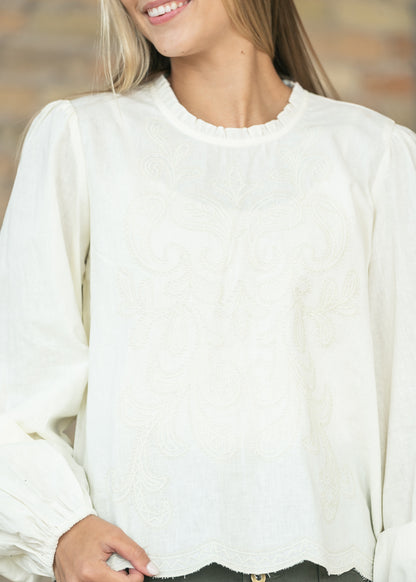 Cotton Mock Ruffle Neck Embroidered Top FF Tops
