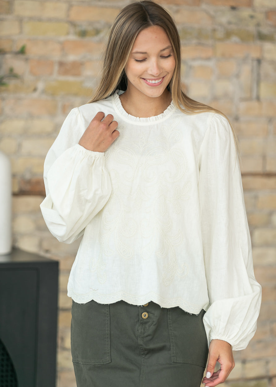 Cotton Mock Ruffle Neck Embroidered Top FF Tops S