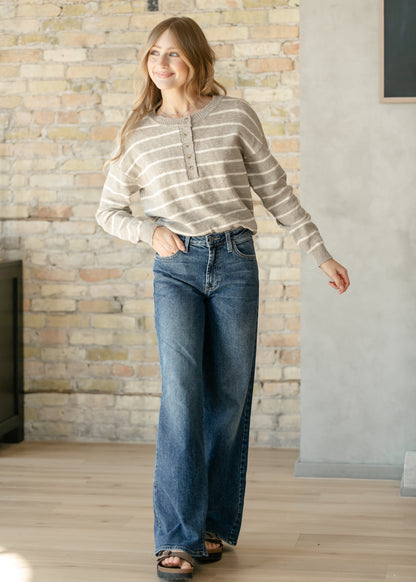 Cotton Quarter Button Slub Sweater FF Tops