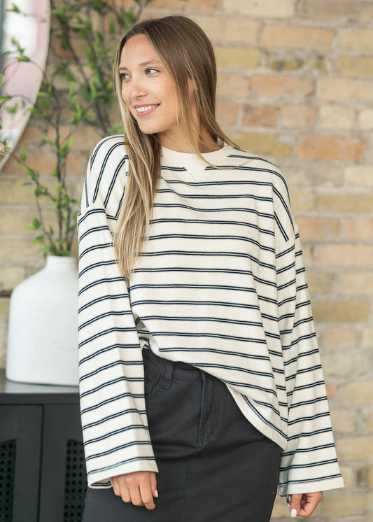 Cotton Striped Crew Neck Long Sleeve Top FF Tops