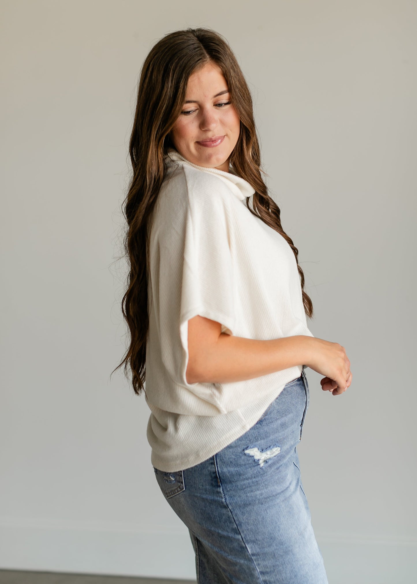 Cowl Neck Batwing Ribbed Sweater FF Tops