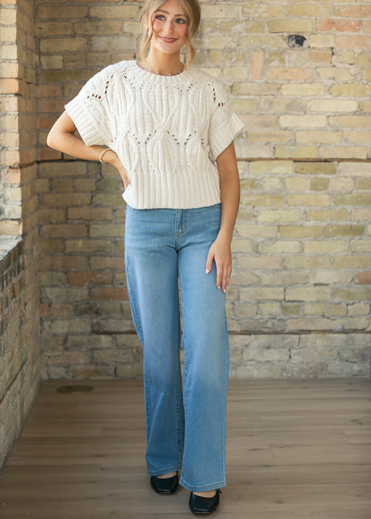 Cream Crochet Round Neck Dolman Sleeve Top FF Tops