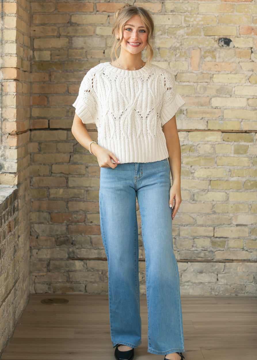 Cream Crochet Round Neck Dolman Sleeve Top FF Tops