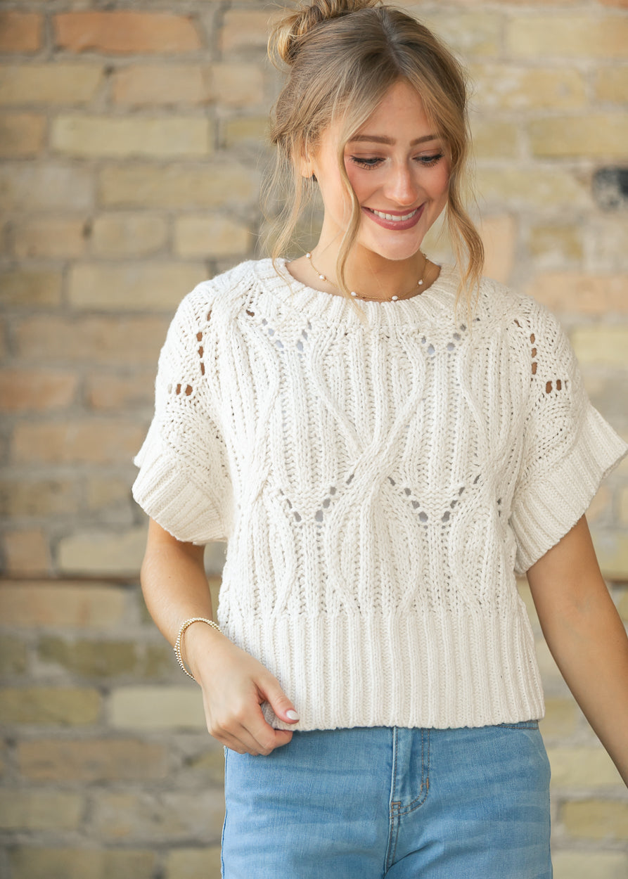 Cream Crochet Round Neck Dolman Sleeve Top FF Tops