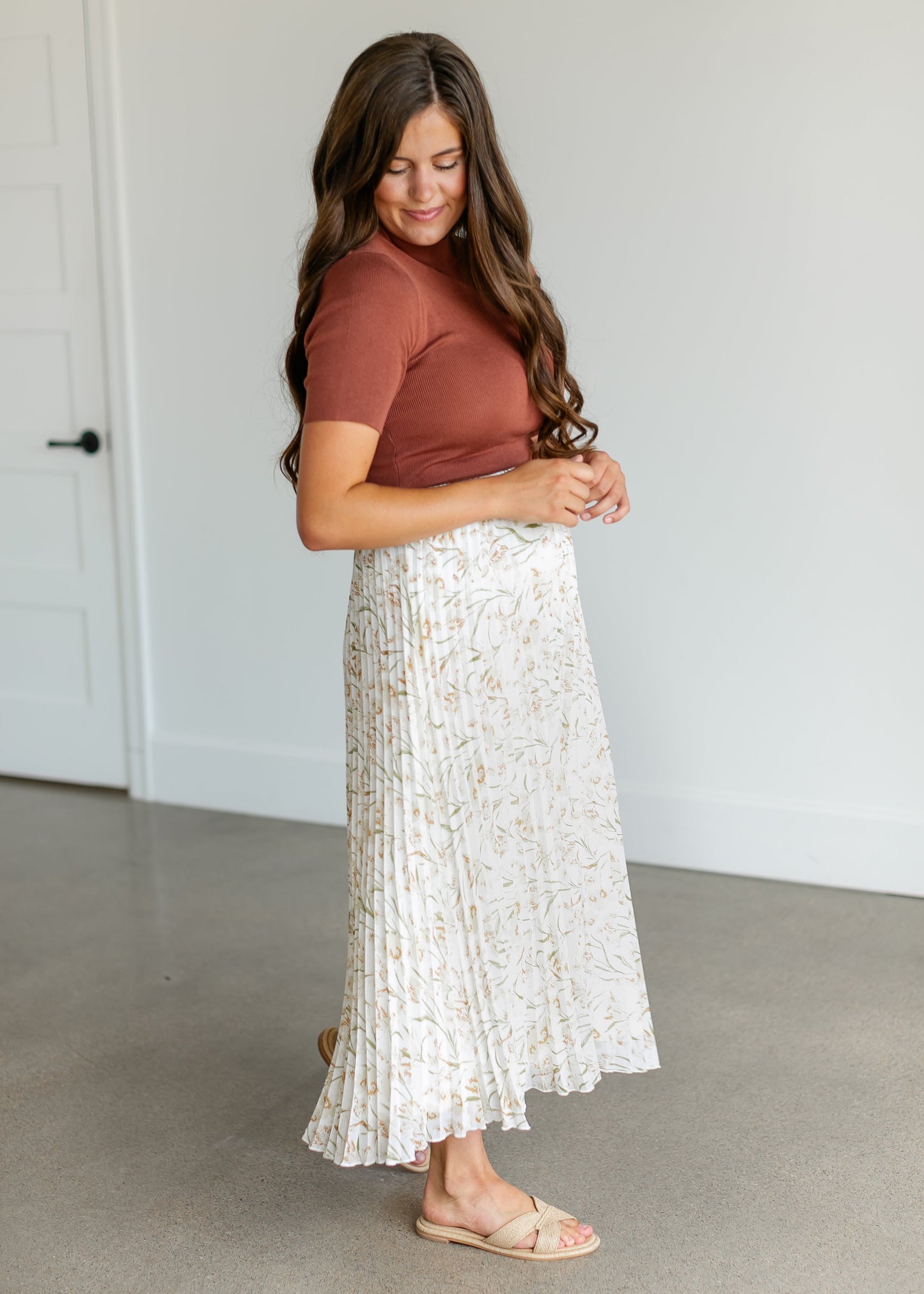 Cream Floral Pleated Maxi Skirt FF Skirts