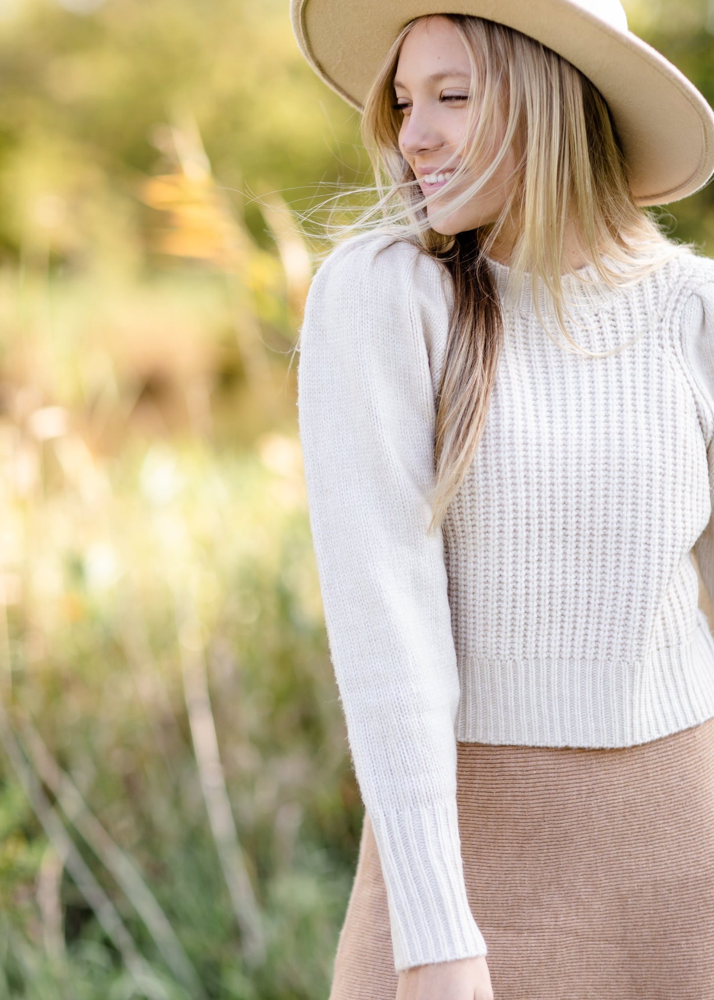Cream Pleated Shoulder Ribbed Long Sleeve Sweater - FINAL SALE FF Tops