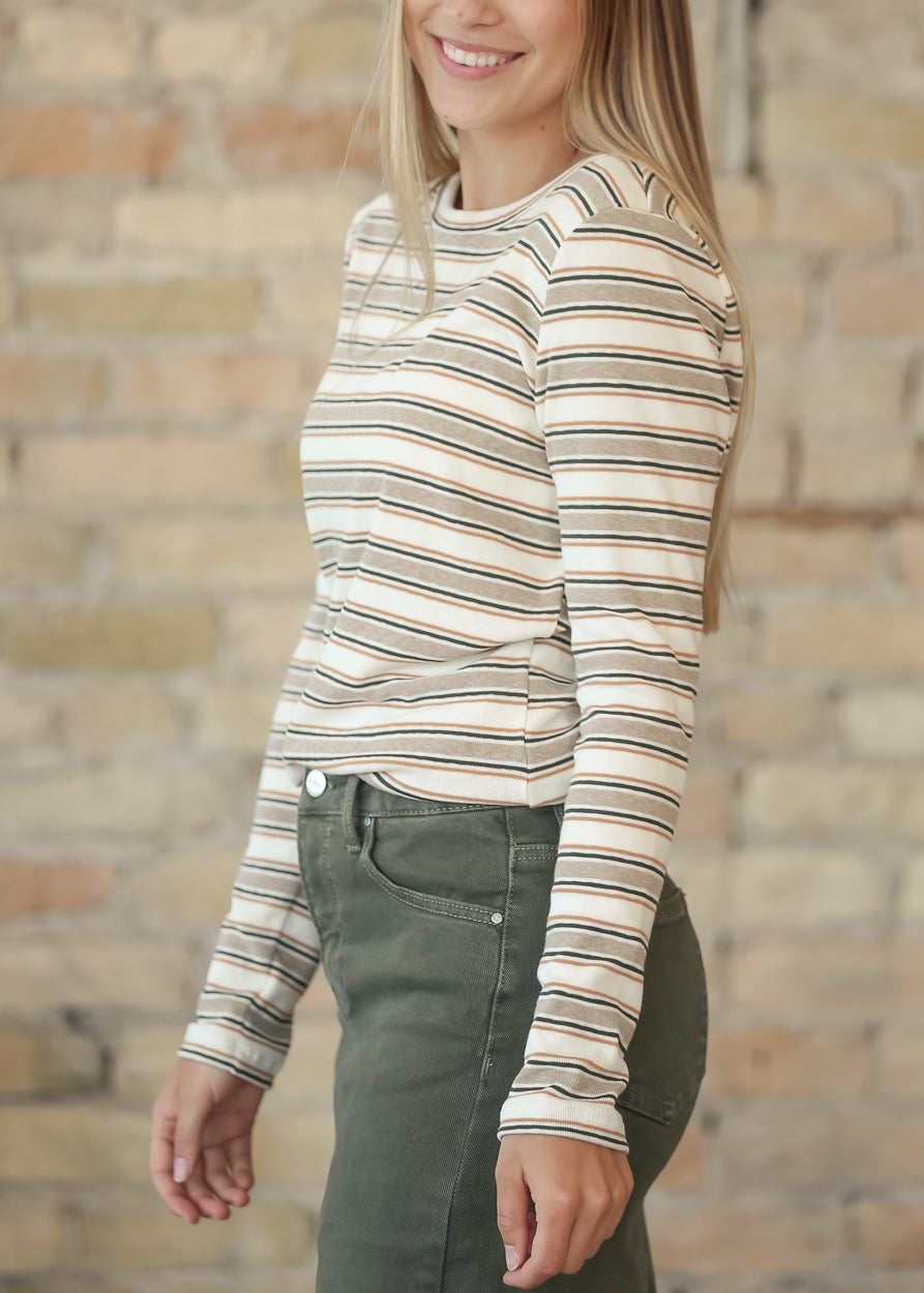 Cream Striped Crew Neck Top FF Tops