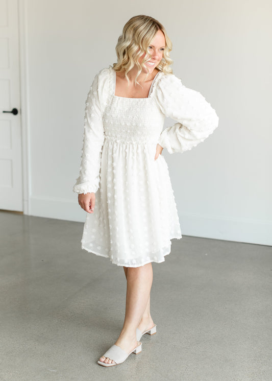 Cream Swiss Dot Smocked Midi Dress FF Dresses