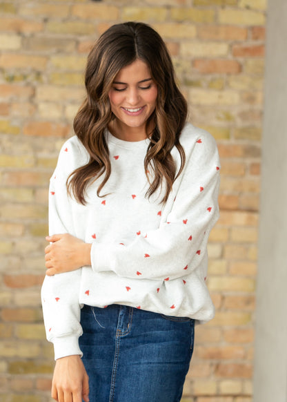 Crew Neck Heart Print Pullover FF Tops