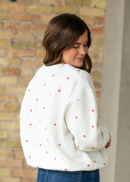 Crew Neck Heart Print Pullover FF Tops